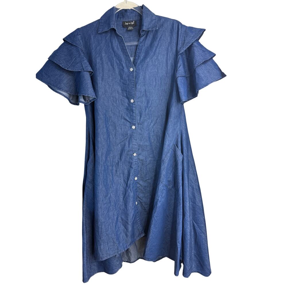 STEP IN STYLE Tunic Shirt Dress Size M Chambray Rhinestone Ruffle Swing Rustic - Picture 1 of 8